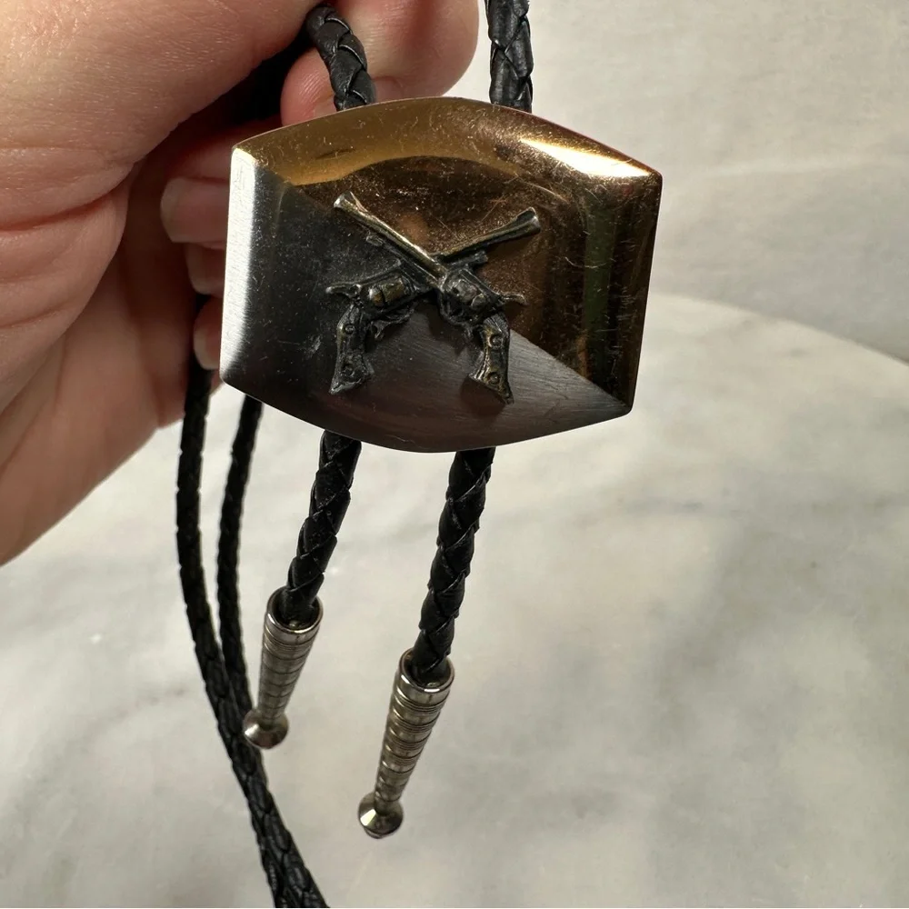 Bolo tie pistol western cowboy Black‎ Silver leather gun revolver braided gold